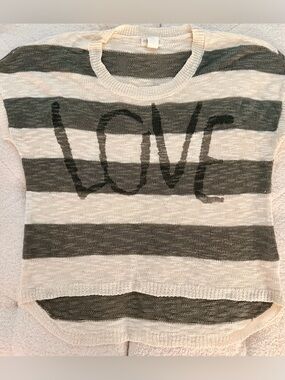 Striped 'LOVE' Knit Pullover Sweater - Beige & Olive